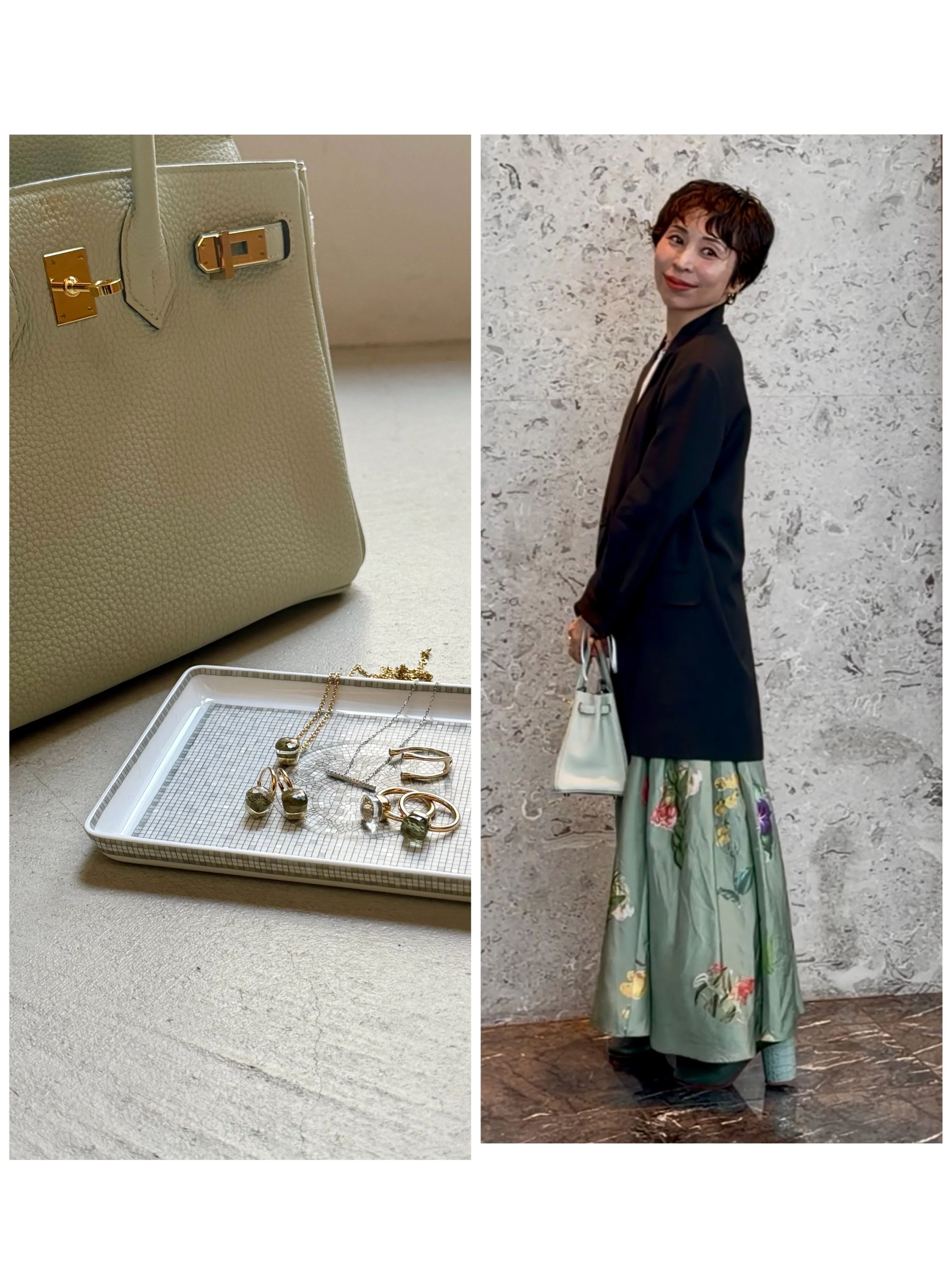 甘すぎない春のオフ会コーデは、春色スカート×黒ジャケット×ジュエリーで完成。