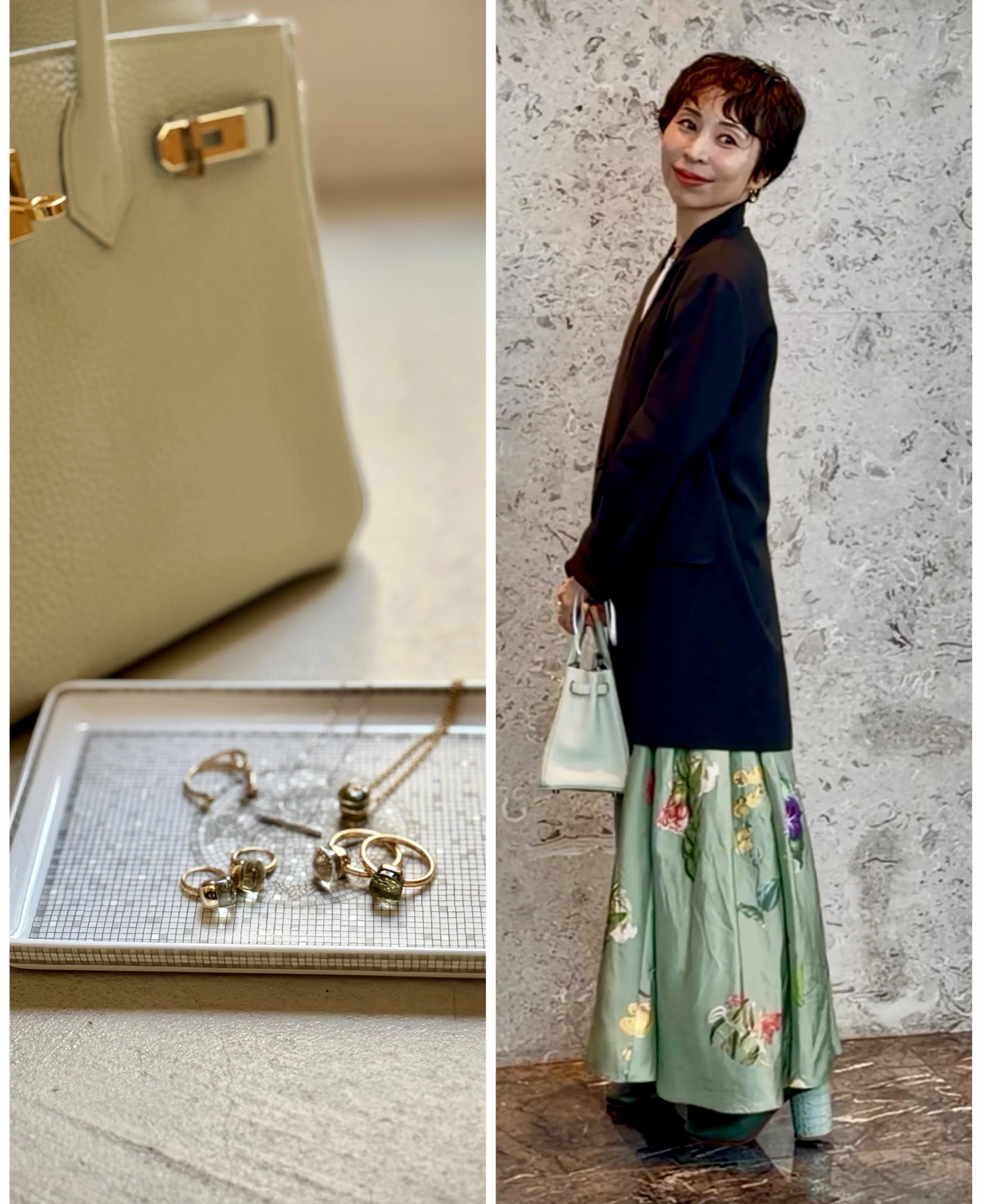 甘すぎない春のオフ会コーデは、春色スカート×黒ジャケット×ジュエリーで完成。