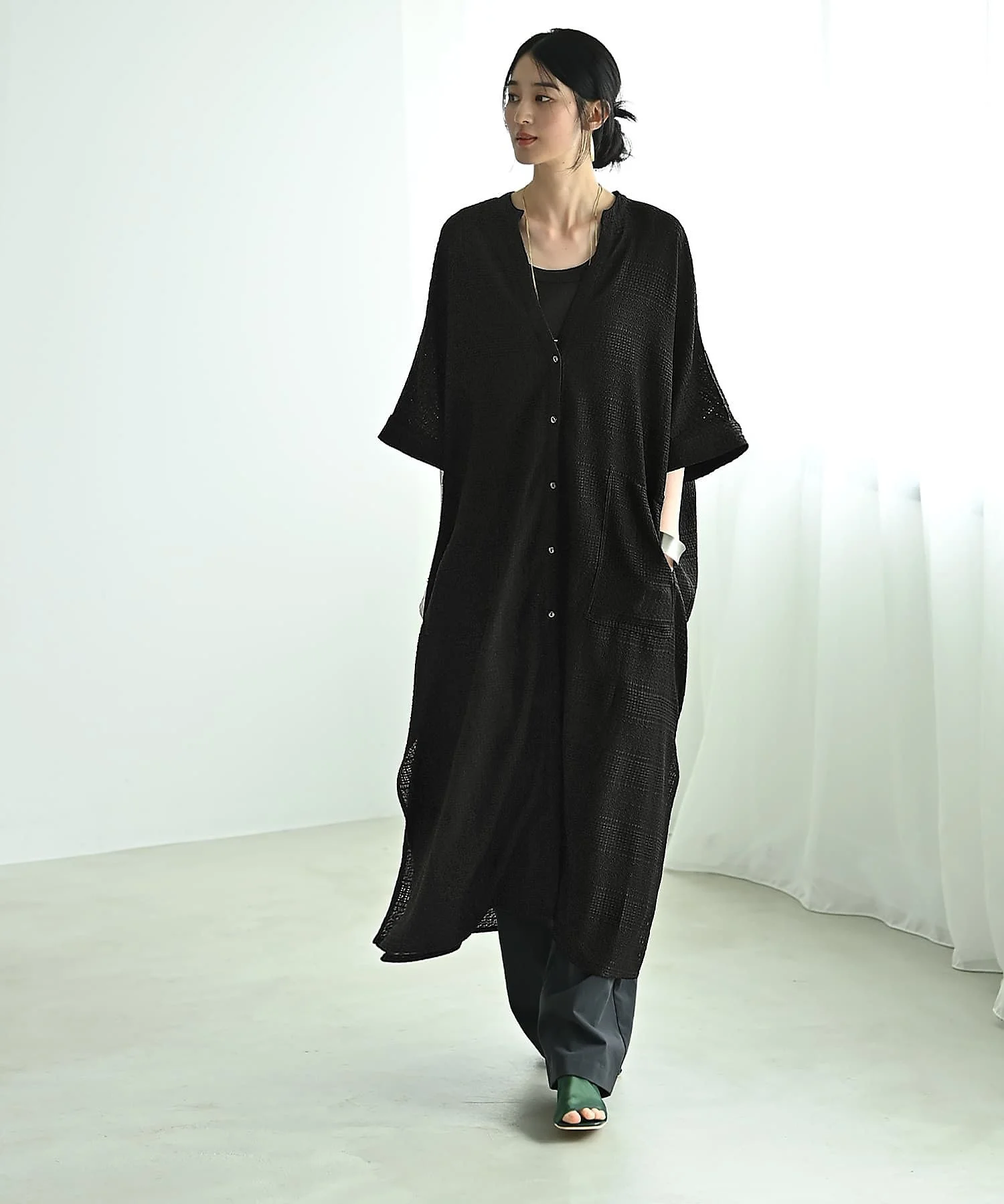 STYLE DELI 【BLK001】シアーグリッドオーバーシャツワンピース