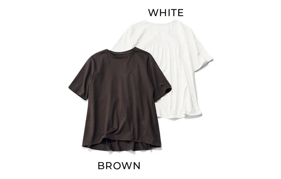 エムセブンデイズ 後ろギャザーTシャツ ホワイト、ブラウン