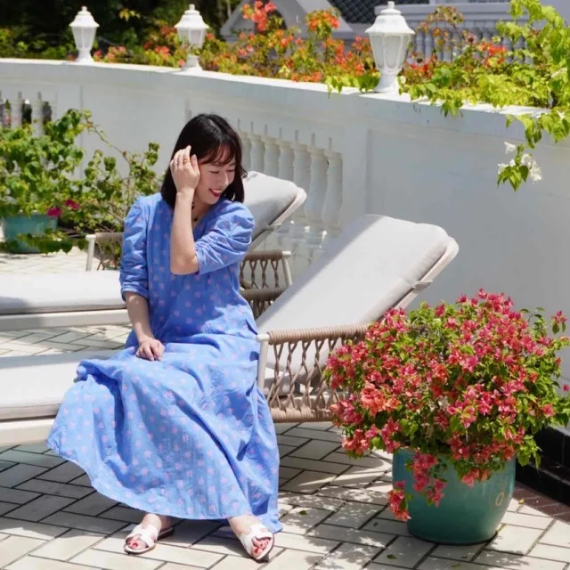 Cotton Dobby Stripe Anemone Print Gather Sleeve Dress