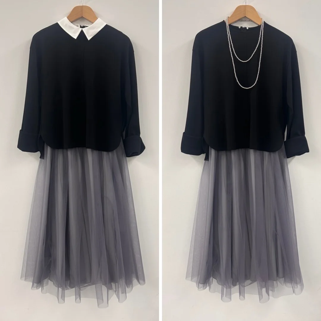 エムセブンデイズ　襟つき２ウェイトップスとグレーのチュールスカートとのコーデ