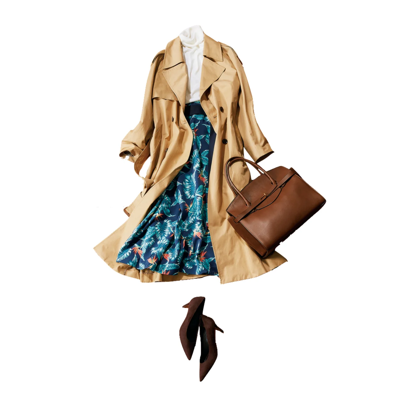 ベージュのトレンチコート×ボタニカル柄スカートのファッションコーデ