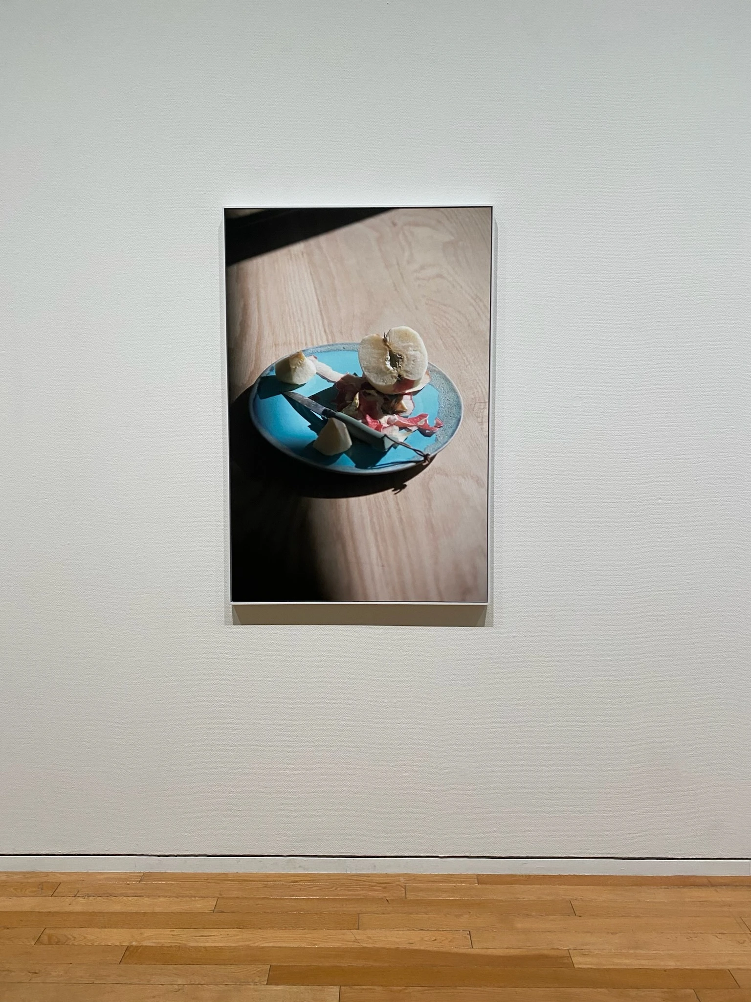 写真家・川内倫子さんの写真展「M/E 球体の上  無限の連なり」の様子。薄茶色のテーブルの上に水色のお皿があり、その上に剥き掛けのリンゴが置いてある一枚の写真を撮った写真です。淡い光が差しています。
