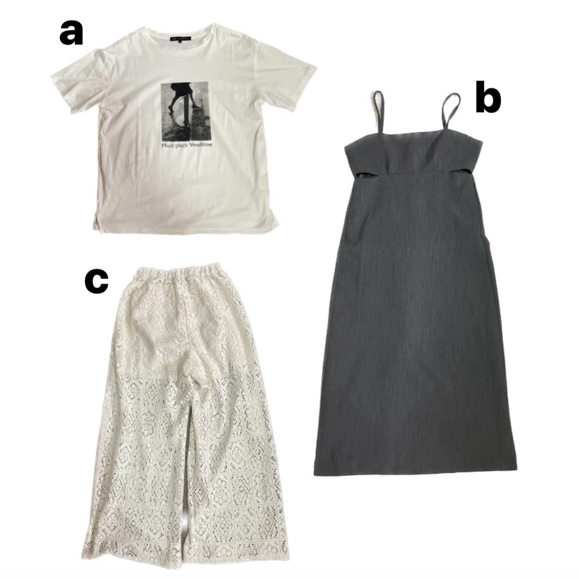 a:Tシャツ/23区、b:キャミワンピース/mystic、c:ボトムス/mline