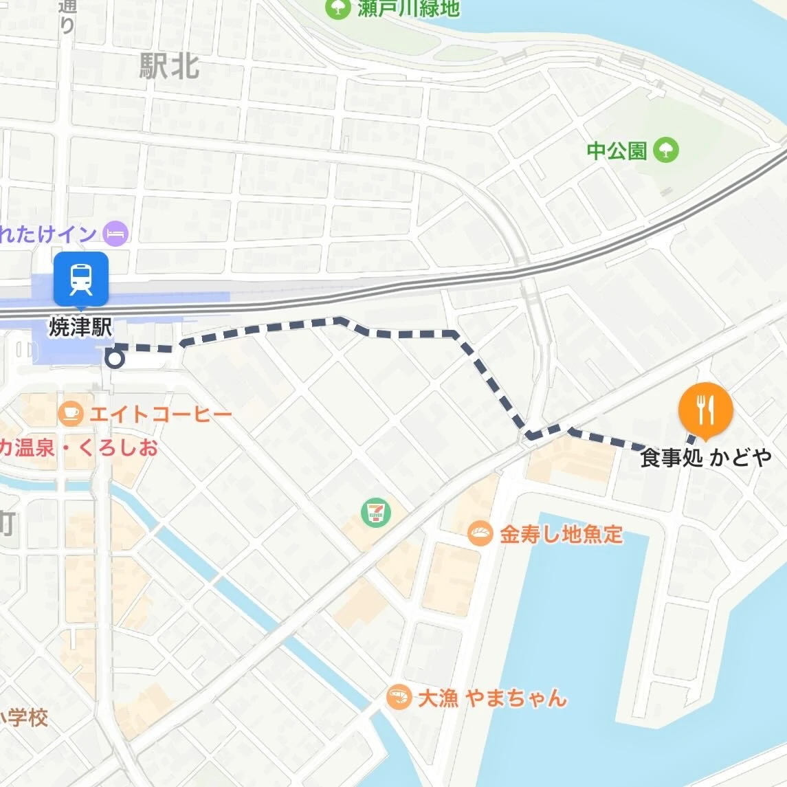 焼津駅から「食事処かどや」までの経路