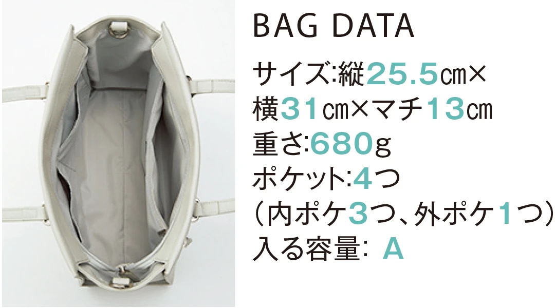 BAG DATA サイズ：縦25.5cm×横31cm×マチ13cm重さ：680gポケット：４つ（内ポケ３つ、外ポケット１つ）入る容量：A