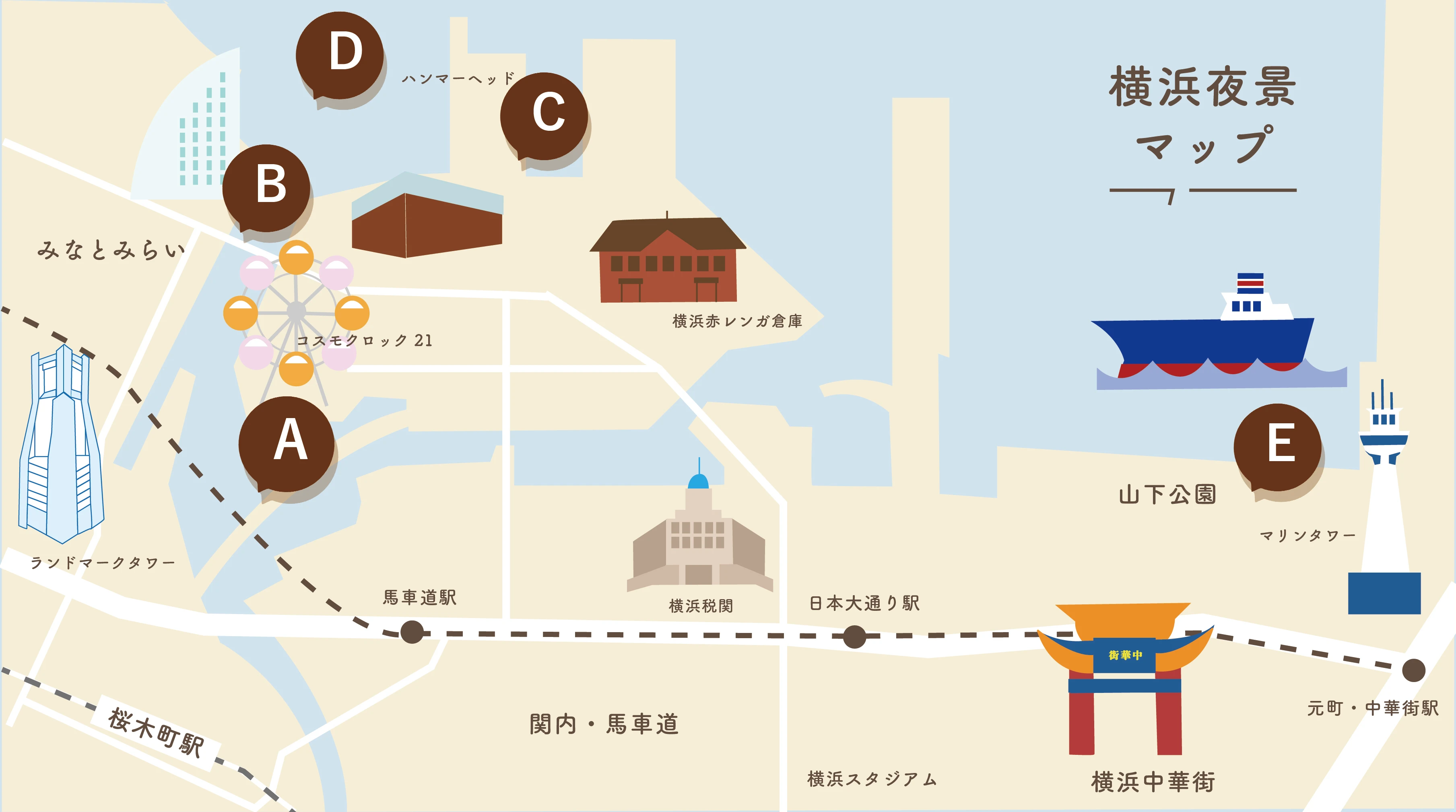 横浜おすすめの夜景スポット　横浜みなとみらい・山下・関内エリアの地図
