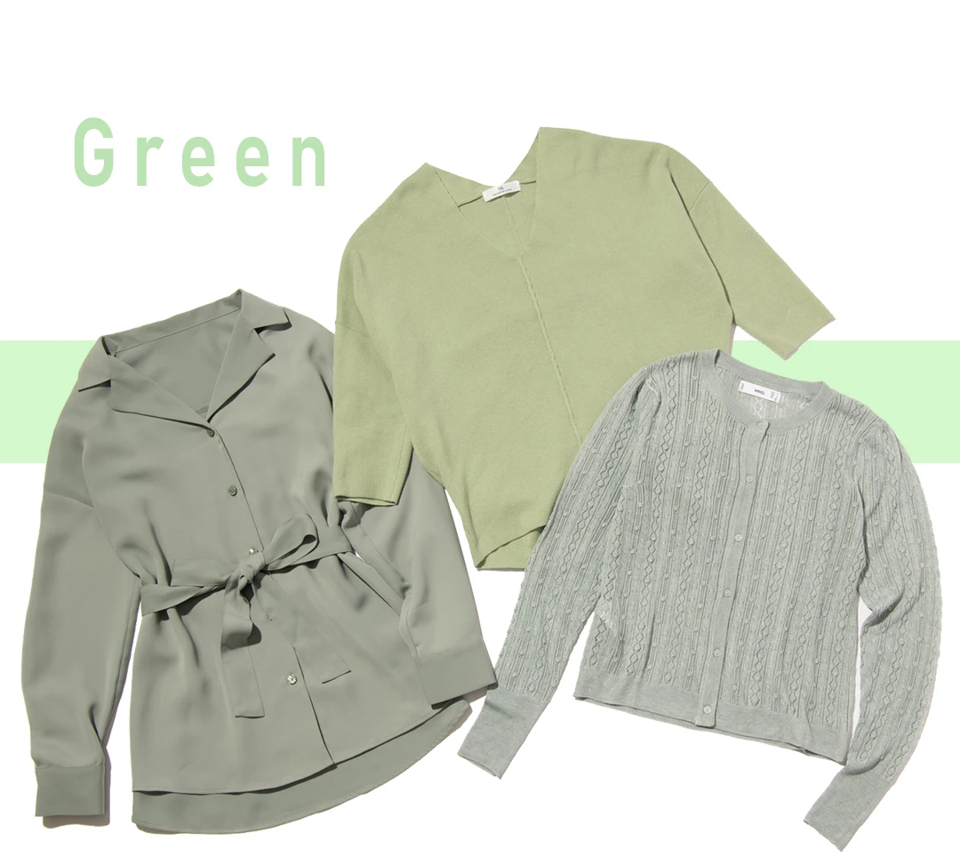 Green（右）可愛い編み柄とコンパクトなシルエットで女の子らしく。 　カーディガン￥4990／ロコンド(マンゴ)  （中）シンプルなVニットこそ、旬な色に挑戦しやすい。 　ニット￥5400／MEW’S REFINED CLOTHES  （左）顔まわりをシャープに見せる開襟シャツ。ウエストベルトつきで、細見え確実。 　ブラウス￥1990／GU