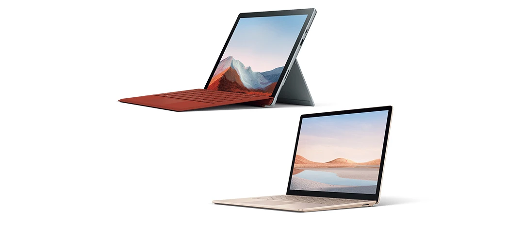 （上）Microsoft Surface Pro 7・Surface Pro Signatureタイプカバー　（下）Surface Laptop Go