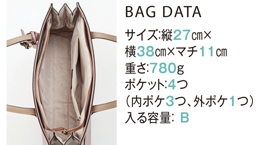 BAG DATA サイズ：縦27cm×横38cm×マチ11cm重さ：780gポケット：４つ（内ポケ３つ、外ポケ１つ）入る容量：B