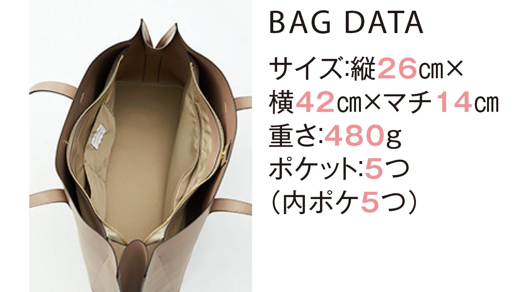 BAG DATA サイズ：縦26cm×横42cm×マチ14cm重さ：480gポケット：５つ（内ポケ５つ）