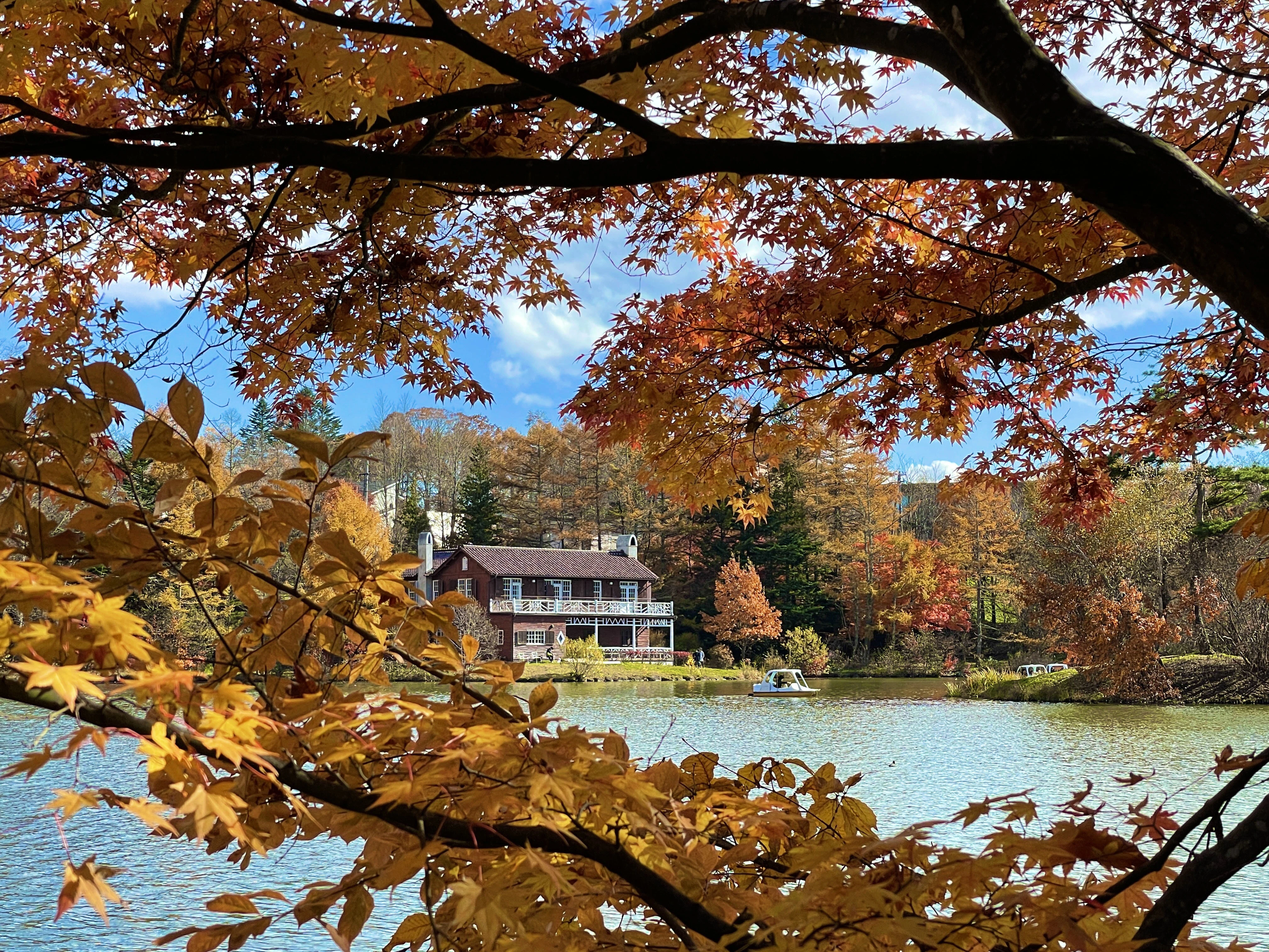軽井沢別荘建築史の中で最上質とされる「睡鳩荘（すいきゅうそう）」が湖の向こう岸に見える。