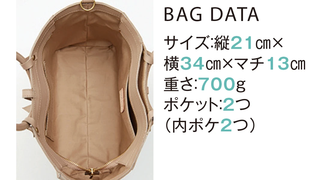 BAG DATA サイズ：縦21cm×横34cm×マチ13cm重さ：700gポケット：２つ（内ポケ２つ）