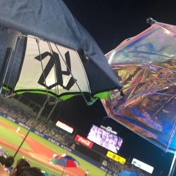 東京ヤクルトスワローズの応援ミニ傘。2本傘を開いて応援している様子。左の傘は紺色に、一部だけysの文字が書いてある。右の傘はオーロラ加工してあってキラキラしている。