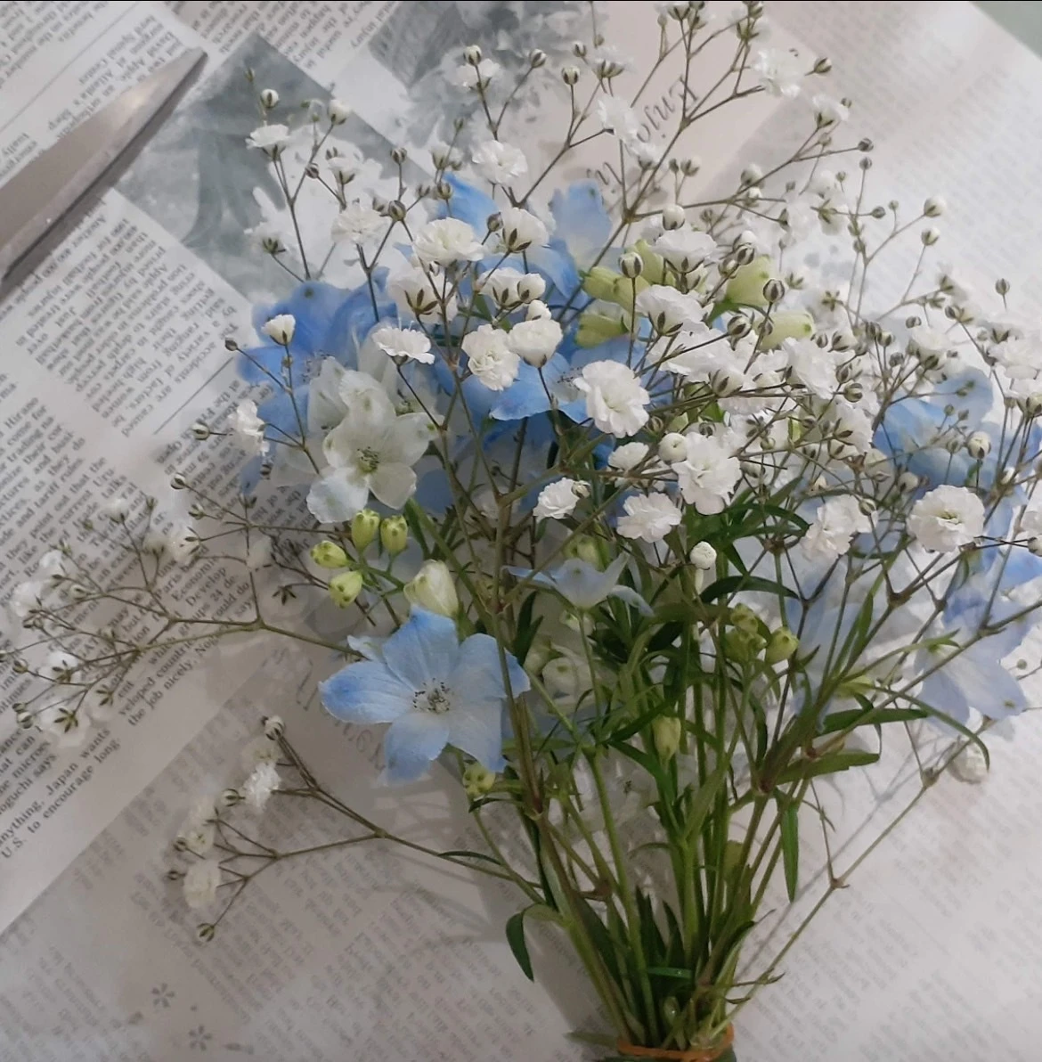 お気に入りのお花屋さんで出会ったカスミソウと水色のお花。