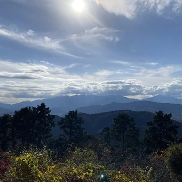 紅葉が綺麗な11月に、高尾山の中腹から撮った景色です。青い空の下に、青々とした緑が広がっています。向かい側には周りの山々も見えます。