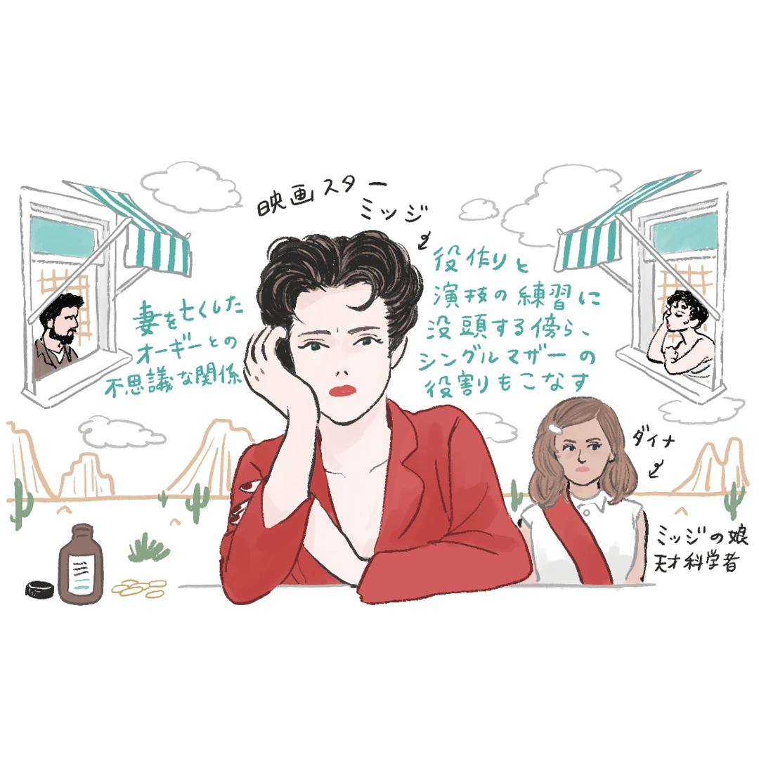 役割をこなす女。from『アステロイド・シティ』 【イラストレーター チヤキが描く映画の中の愛すべき女子図鑑】